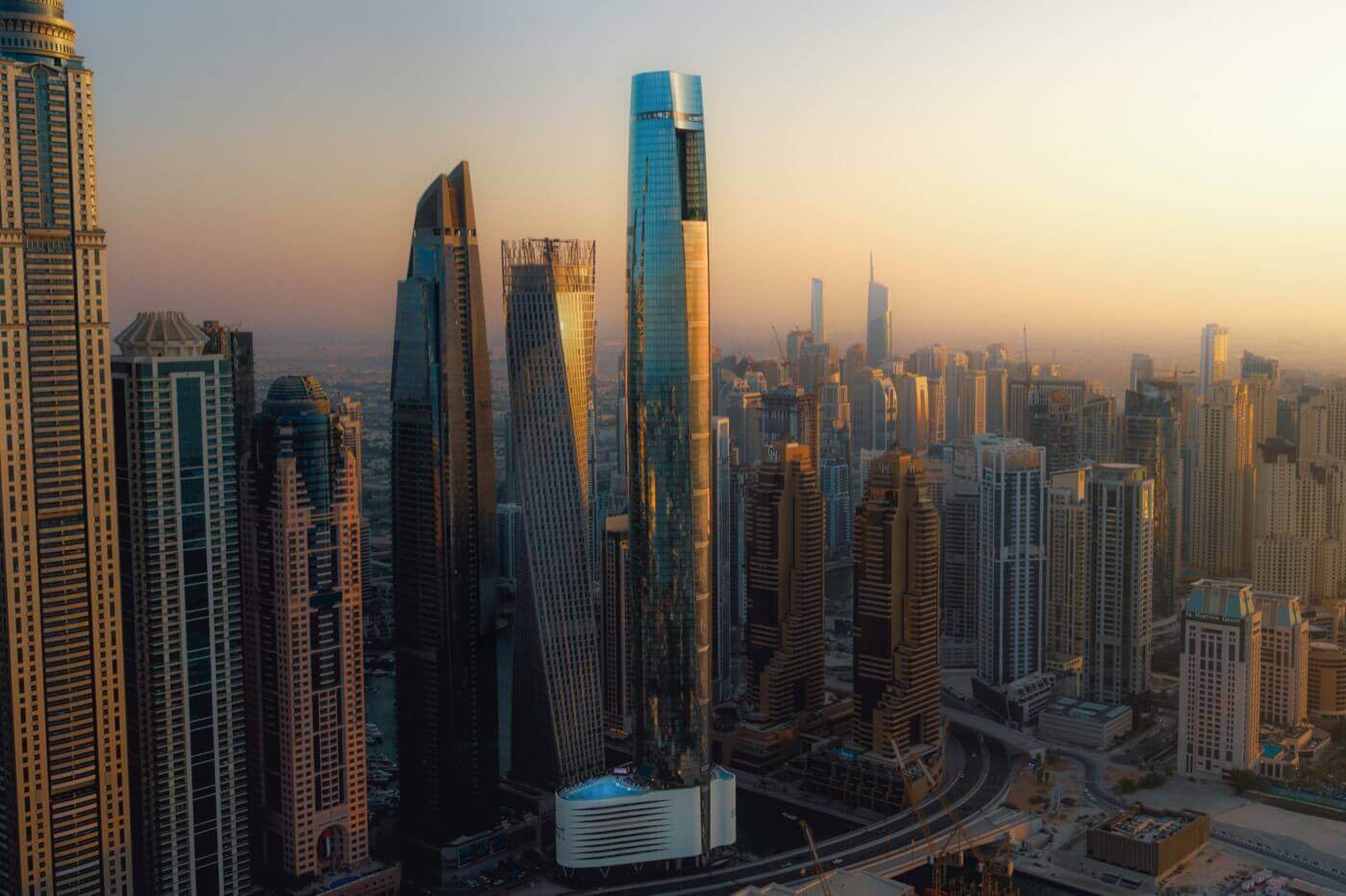 Ciel Tower and Dubai Marina at sunrise