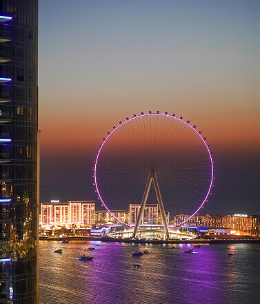 Ain Dubai observation wheel lit up at night on Bluewaters Island